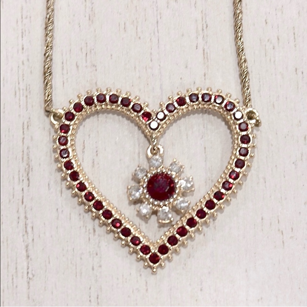 NWT Marchesa Gold-Tone Red & White Crystal Heart Pendant Necklace